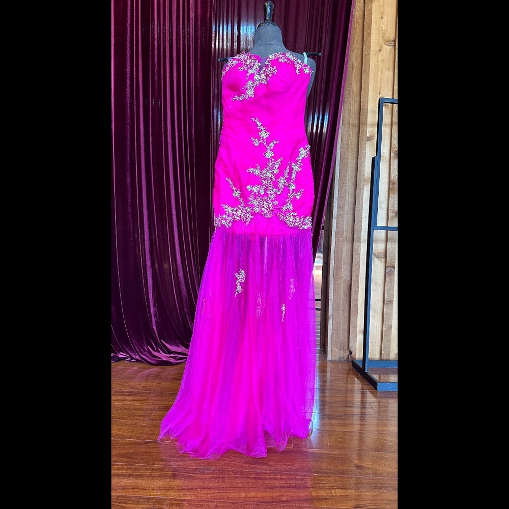 Strapless Fuchsia ball gown evening gown with tulle see thru skirt
